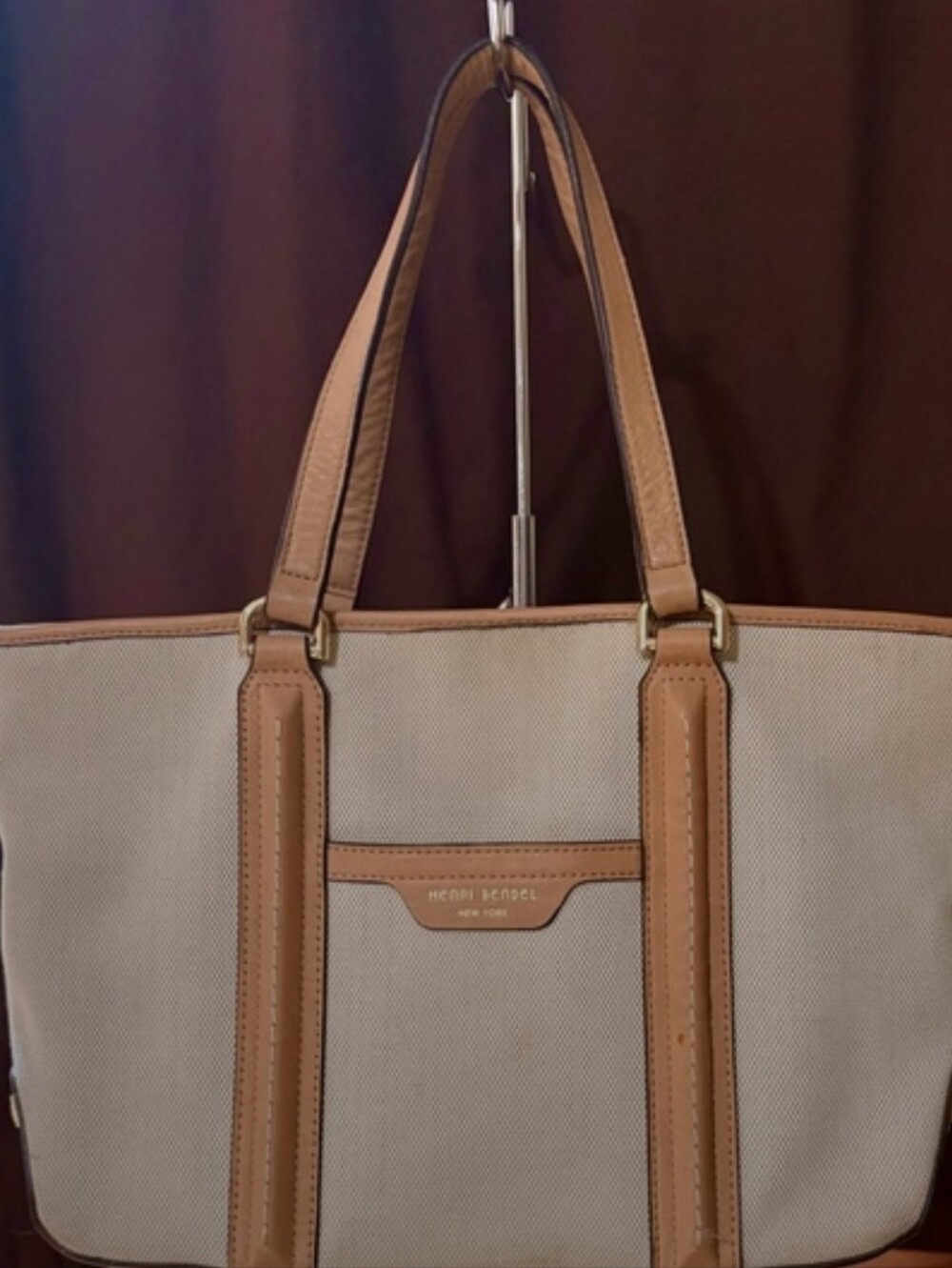 Henri Bendel Cream & Tan Canvas Tote & Wallet/GUC/ 2 Pieces